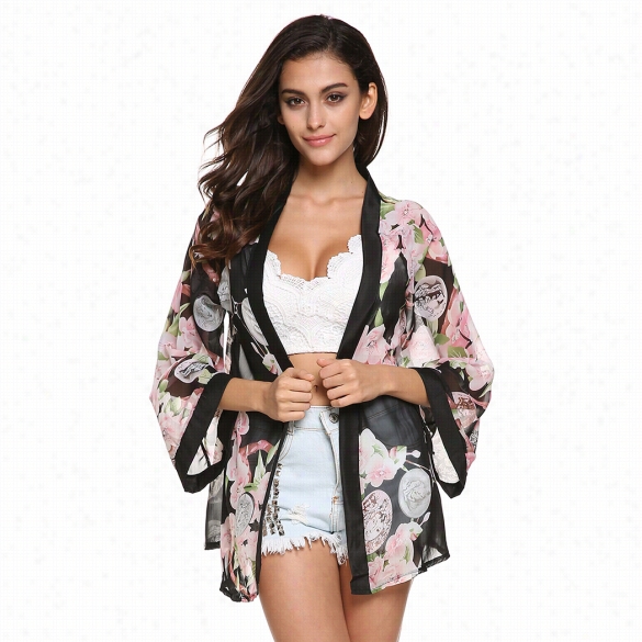 Summer Romantic Floral Print Chiffon Sujblock Kimono Top Jacket Cardigan Blouse