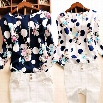 New Lady Women's Polka Dot Floral Printed O-Neck Long Sleeve Roll-up Cuffs Tops Blouses