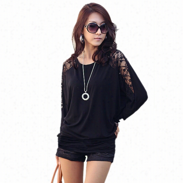 Trendy Women Accidental Loose Batwing Sleeve Dolman Lace Sexy T-shirt Louse Tops Sh