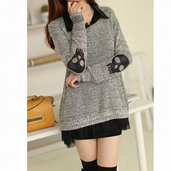 Two Peices Loose Tylish Women Skull Pullover Hollow Sweater Knitwear Cardigan New
