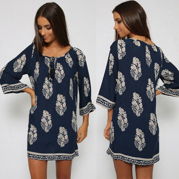 Vintage Style Women Casual Loos Oo-neck 3"4 Sleeve Print Summer Beach Dress