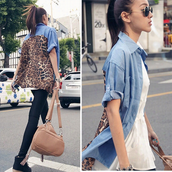 Vintage Womens' Chic Denim Splicing Chiffon Leopard  T-shirt Loose Tops Bluose