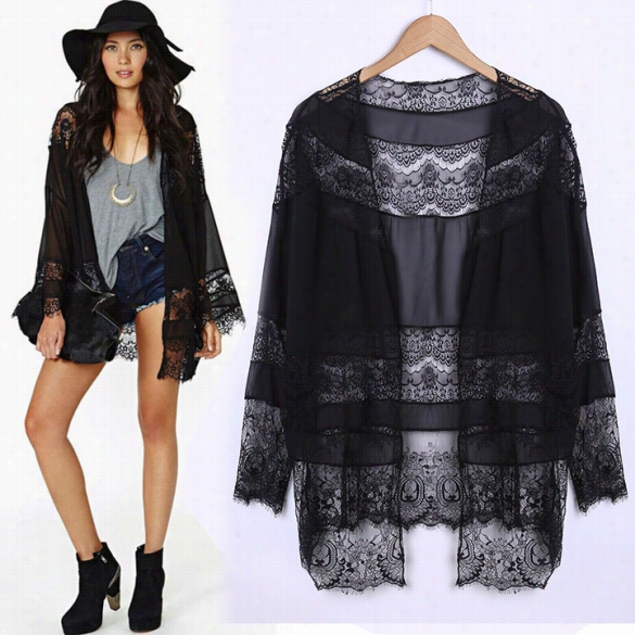 Women Chiffon Lace Stitching Kimono Top Blouse Long Cardigan Coat Black