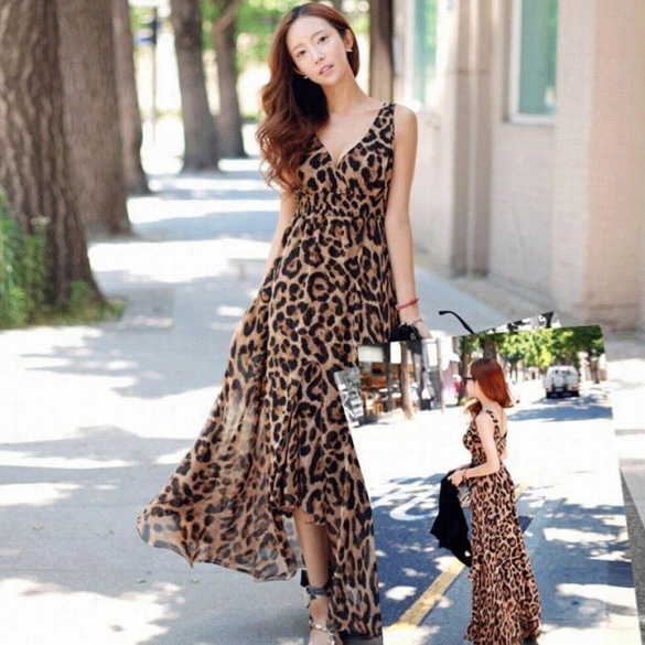 Womne Chffon Sleeveless V-neck Dress Long Maxi Leopard Print Dress B0ed