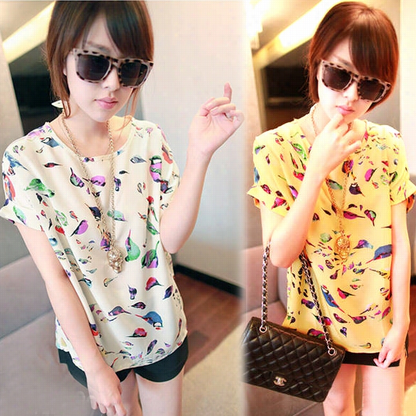 Women Colorful Birds  Chiffon T-shirt Batwing Looseblouse Casual Tee Tops 2 Colors