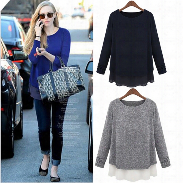 Women Contrast Long Sleeve Two Layer Tiered Knit With Chiffon Top Blouse