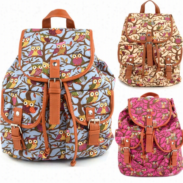 Women Cute Cartoon  Owls Pattern Cqnnvas Backpack Shoulder Bag Students Schoolbag Book  Bag