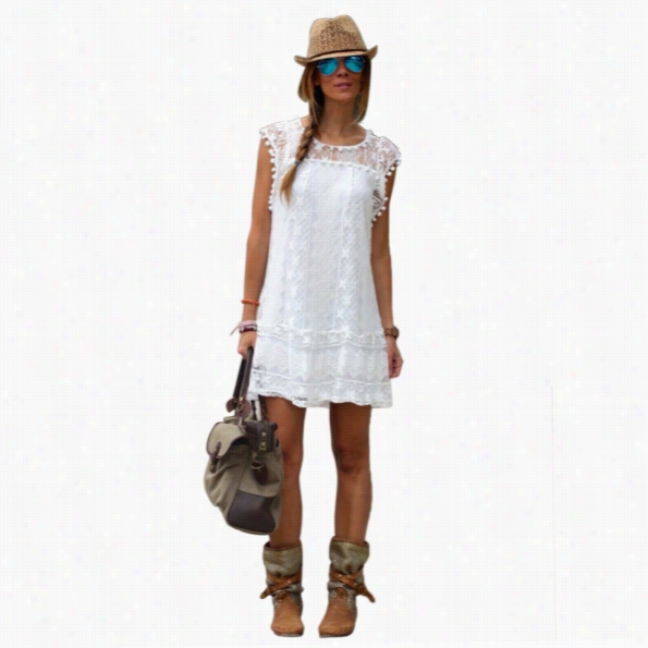 Women Fashion Sexy Causal Cap Sleeve Crochet Lace Hollow Fringe Ssolid A-line Sho Rt Dress