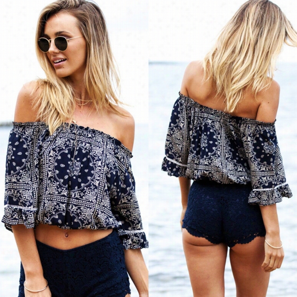 Women Fshoin Sexy Strapless Off Shoulder Medium Sleeve Elastic Print Ruffle Tops Blouse