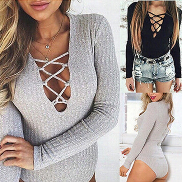 Women Fashion Sexy V Neck Lnog Sleeve Bondage Hollow Stretch Solid Bodysuit