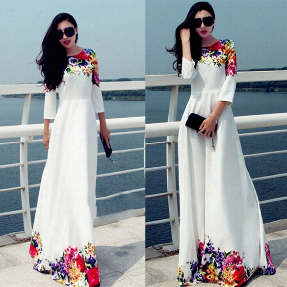 Women Fashion Slim Round Neck 3" 4sleeve High Waist Flower Print A-line Maxi Long Dress