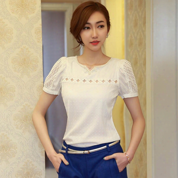 Womne Giirl's Elegant V Neck Chiffon Sh Irt Holpow Short Sleeve Casual Blouse New