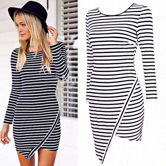 Women Ir Regular Hem Striped Crew Nneck Lon G Sleeve Slim Bodycon Stretch Cocktail Aprty Evening Pencil Dress Mini Dress