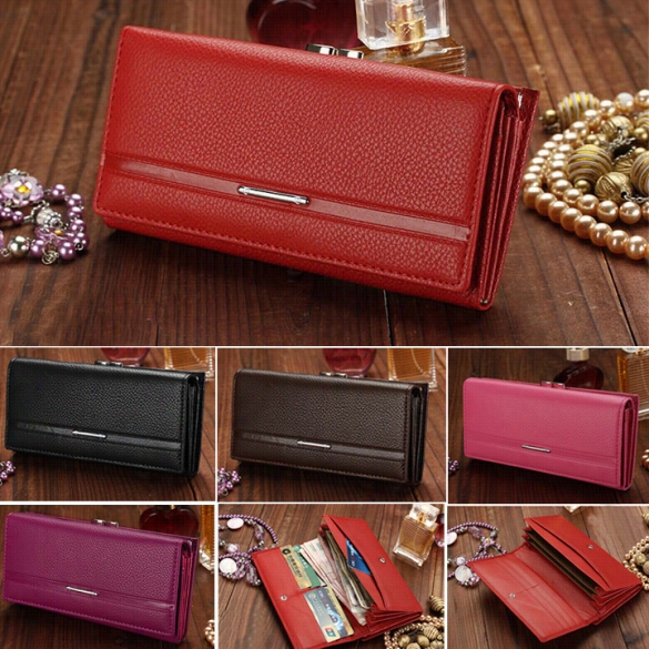 Women Leather Button Bowknot Purse Clutch Afshion Synthetic  Long Handbag