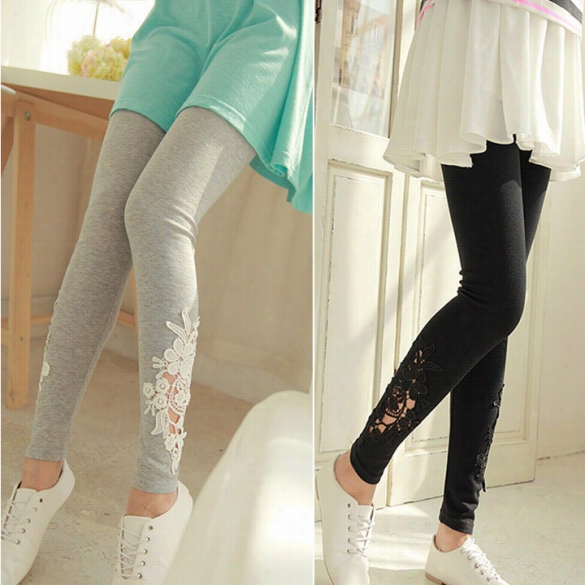 Women Leggings Lace Embroidered Siknny Leggings Tights Pencil Pants Printing