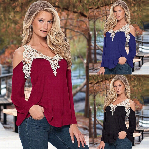 Women Loose Casua Loff Shoulder Long Slerve Sexy Lace Splcing Shirt Tops Blou Se Ladies Top