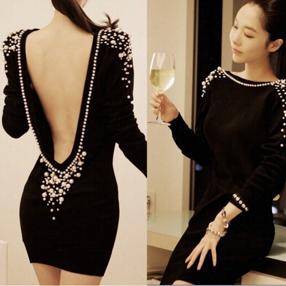 Women Luxury Embellished Pearls Beaded Long Sleeve Backless Cocktail Mini Dress