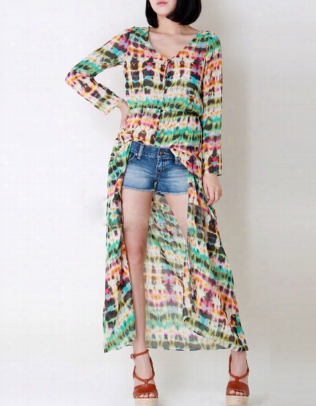 Women Multi-color Dip Dye Floral Shirred Waist Chiffon Long Cardigan Shirt Blousw D Ress