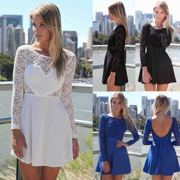 Women Pleated Short Mini Backless Bow Lace Long Sleeve  Dress Chiffon White