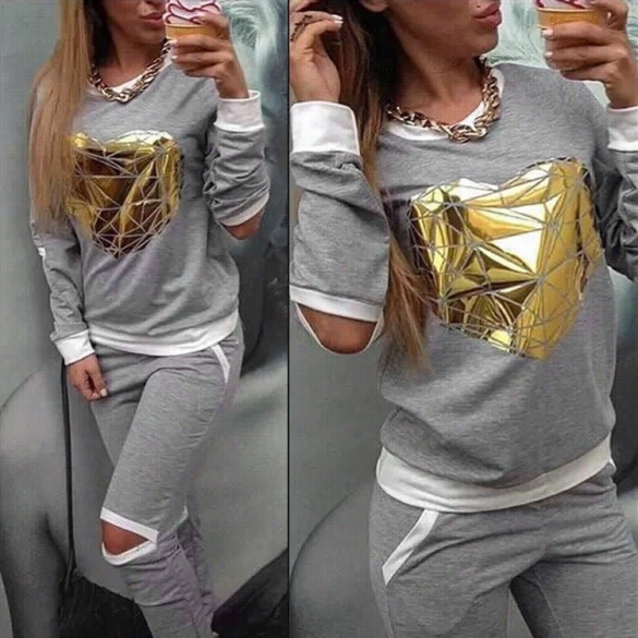 Women Set Sport Suit Sweatshirt + Pants Cracking Gray Tracksuit Gold Heart-shaped Port Suits