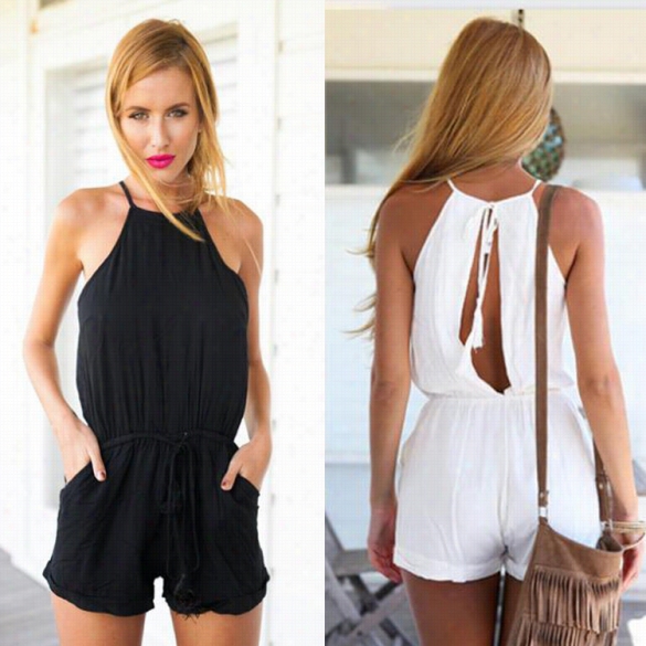 Women Sexy Casual Round Neck Sleeveless Drawstring Waist Jumpsuit Solid Classic Crimping Jumpsuit