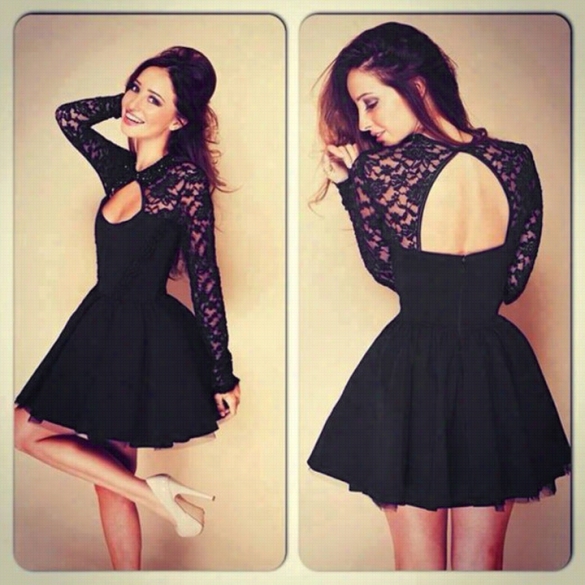 Women Sexy Stitching Lace Backless Long-sleeved Dress Evwning Party Coctkail Dress