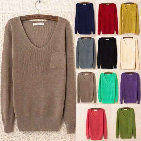 Wo Men V-neck Long Sleeve Pocket Smooth Knitted Jumper Sweater Top 11colors