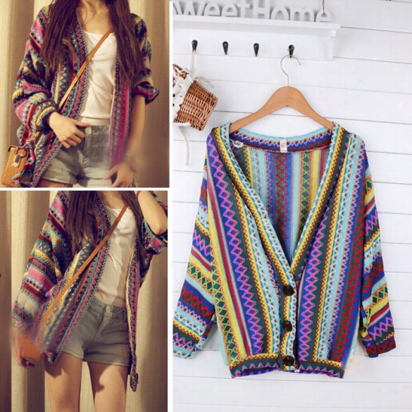 Wome Vintage Strip E Knit Sweater Boho Ethnic Cardigan Tops Weave