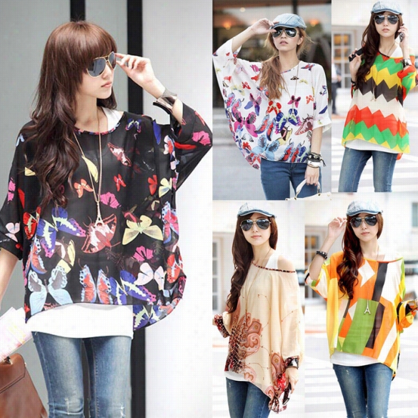 Women's Batwi Ng Dolman Sleeve Chiffon Bohemian Tops Oversized Blouse