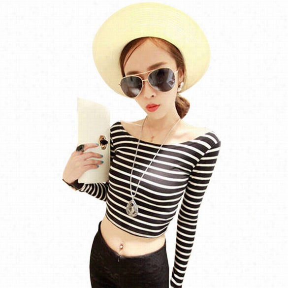 Womenn's Boat Neck Crop Striped Long Slevee Slim Blouse Tops T Shirt