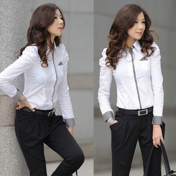 Women's Button On The Ground Shirt Casual Long Puff Sleeve Office Tops Blouse