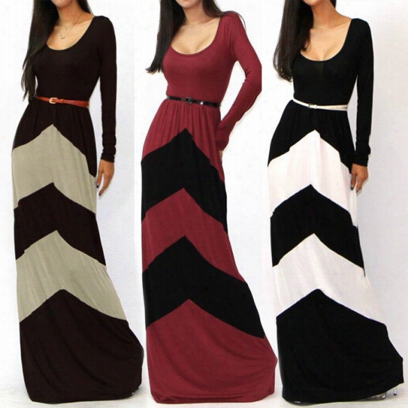 Women's Celeb Style Long Sleeve Slim Maxi Dress With Belt Beach Long  Dress