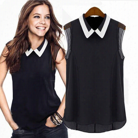 Women's Celeb Style Splicing Color Slim Fittted Summer Chiffon Sweet Shirt Tops Blouse S"m"l"xl