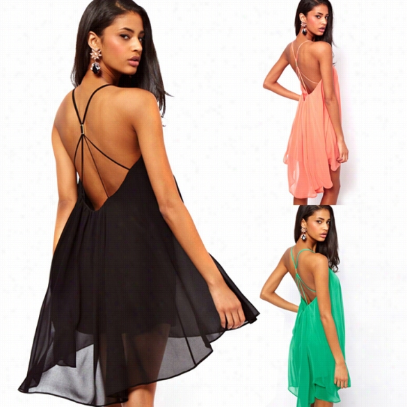 Women's Chiffon Backless Sling Strap Back Clubwwear Evening Minii Party Dress