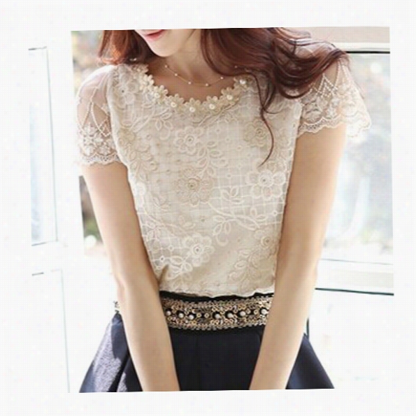 Women's Chiffon Shirt Lace Top Beading Mebrodiery O-neck T-shirt Tops