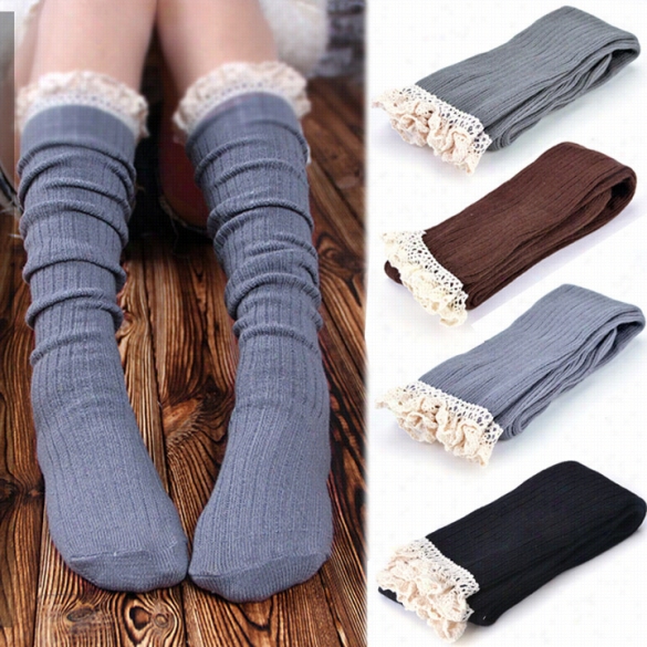 Women's Crochet Lace Trin Cotton Knit Footed Leg Warmers Boot Sock Sknee High Stockings 5 Colors