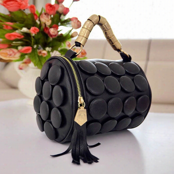 Women's  Cylinder Tassel Buttons Bucket Sho Ulder Bah Hand Bag Zipppe R