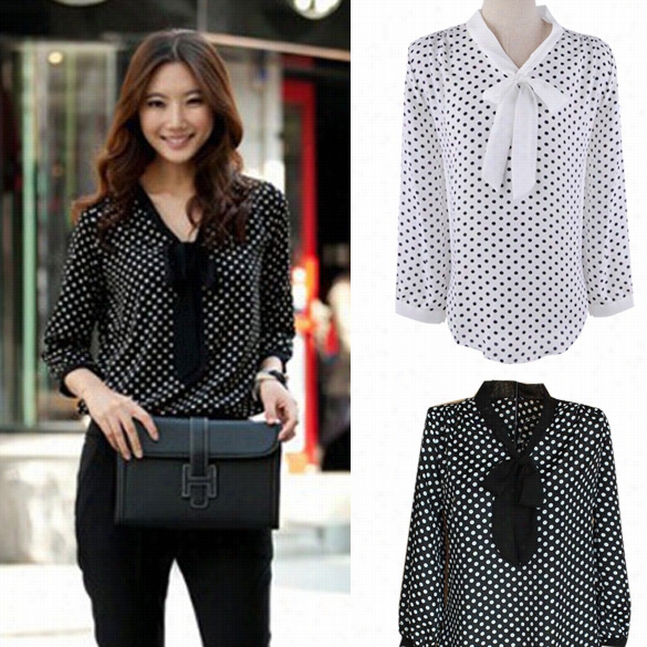 Women's Dot White Black Bowknot Long Sleevee Loose Ch Iffon Shirt Blouse