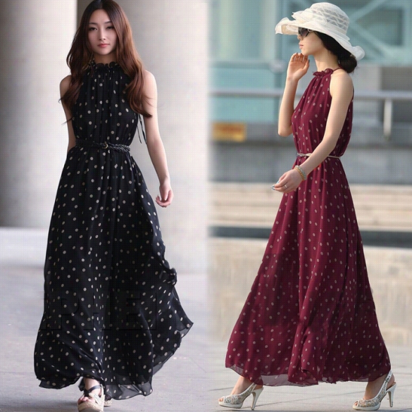 Women's Elegant Chiffon Dot Vest Maxi Full Long Dress Sleeveless With Belt