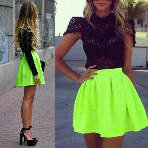 Womens Fluorescent Green Pleated High Waist Skater Tutu Skirt Short Mini Dress