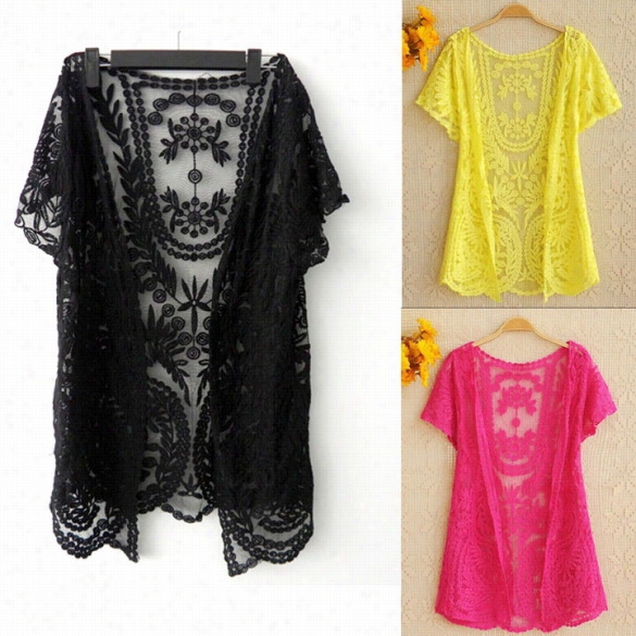 Woemn's Hollow-out  Shirtlace Embroidery Floral Crochet Short Sleeve Cardigan