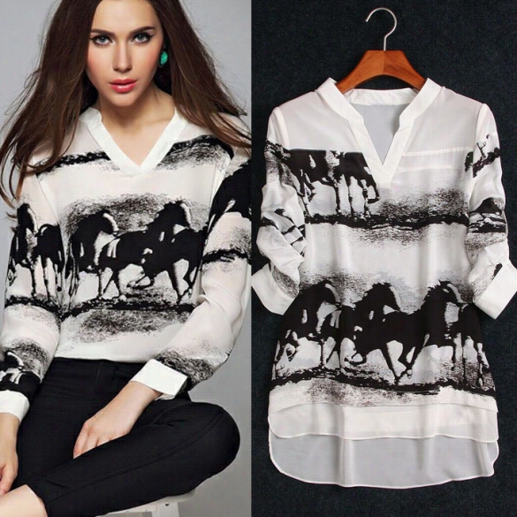 Women's Ink Horse Print Blouse Casual Retro Shirt Slim Hig H Quality Tops