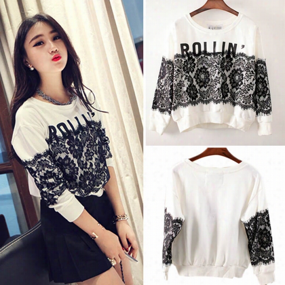 Women's Korean Hoodies Coat Tops Jumper Round Neck Lace Newspaper Sweatshirts Pullover T-shirt