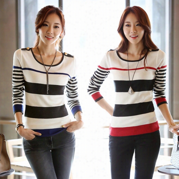 Women's Korean Style Faxhion Casual Long Sleeeve Stripe Thin Sweater