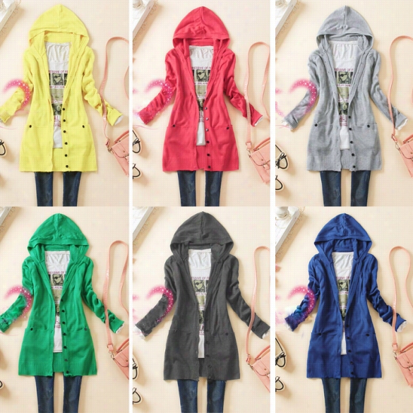 Womsn's Long-sleeve Knitted Sweater Outerwear  Edium-long Hooded Cardigan