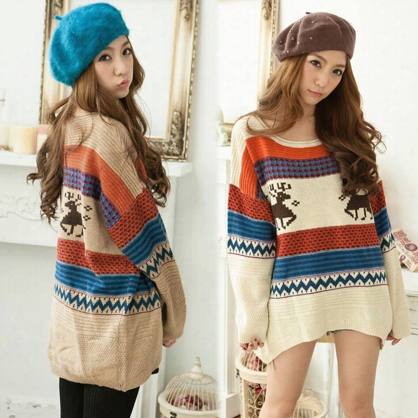 Women's Loose Cardigan Sweaters Jumpers Top Deer Pattern Pullover Knitwear