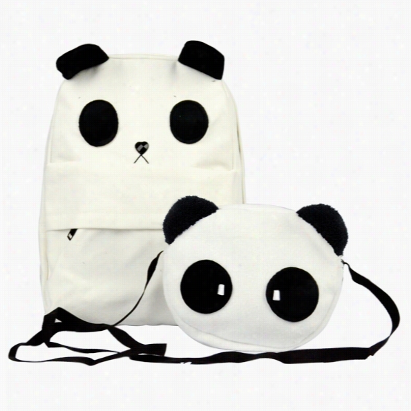 Women's Lovely  White Panda Canvas Backpack With A Small Panda Shoulder Bag