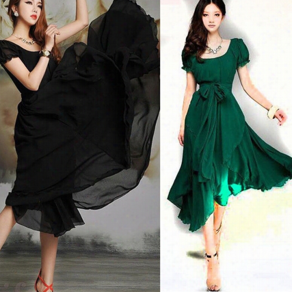 Women's Maix Chiffonn Vintages Hort Sleeve Long Ball Party Irregular Evening Dress