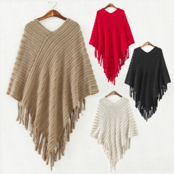 Woen's New Fashioon Oblique Stripe Tassels Wraps Cape Sweater Knitwear