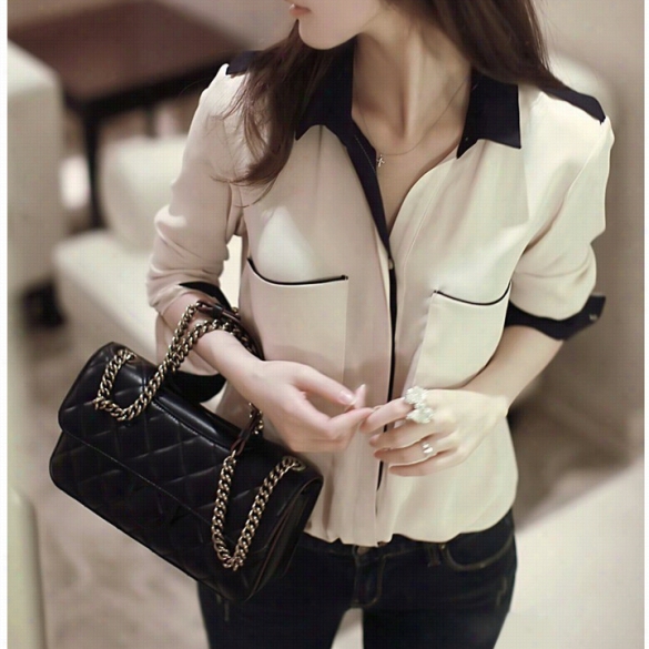 Women's Ol Style Slim Splicing Color Extended Sleeve Chiffon Shirt Blouse